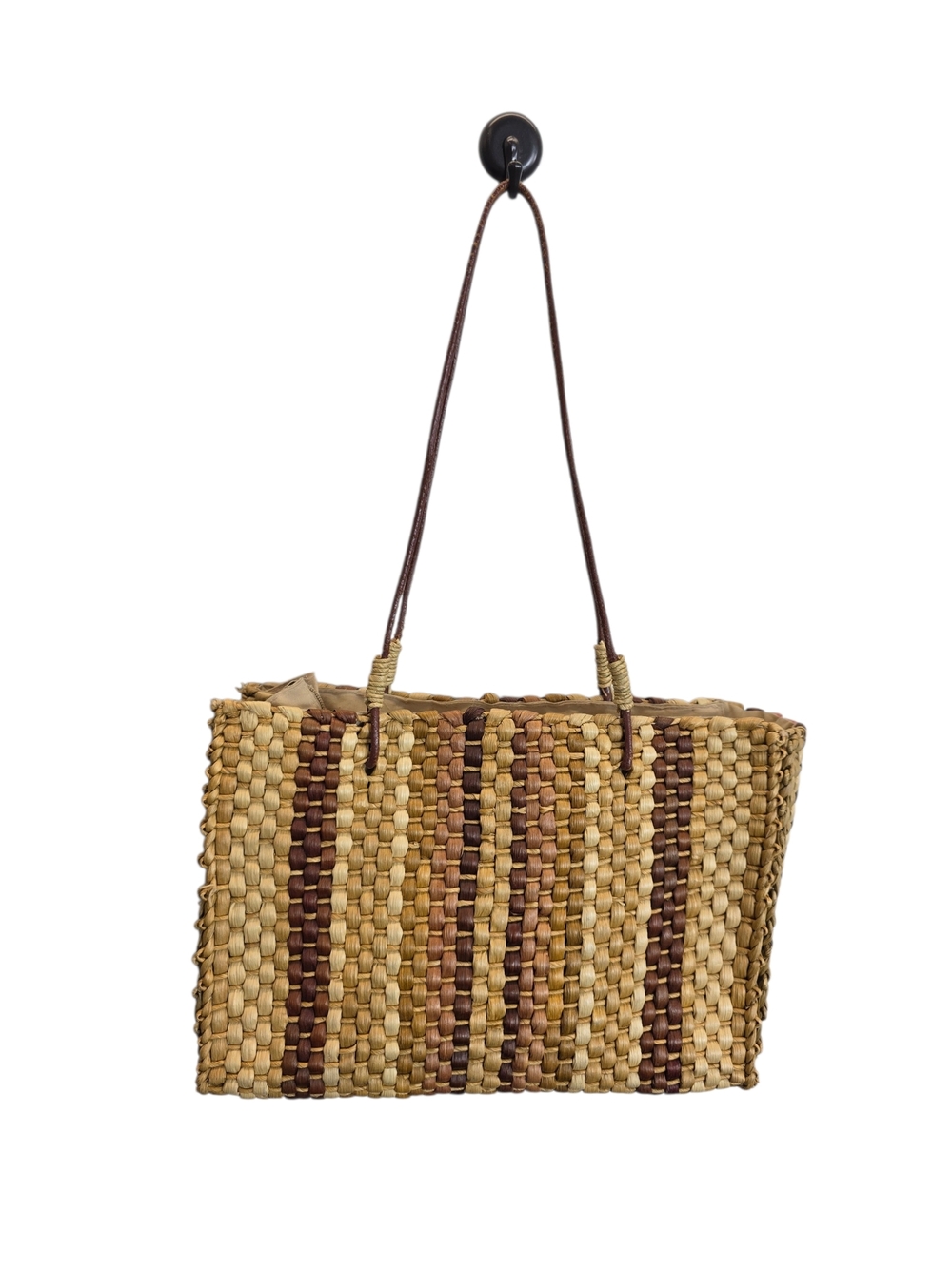 Woven Straw Tote Bag with Brown Stripes with leather Handles